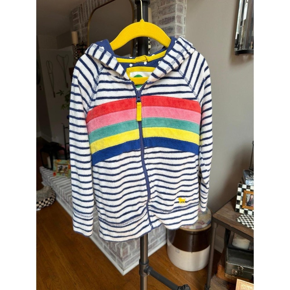 Mini Boden blue-and-white striped terry cloth zip-up hoodie bright colors 6-7